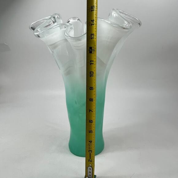 Murano Art Glass Vase Encased Green White Swirl Ruffled Rim 16" Italian Blown - Picture 15 of 16